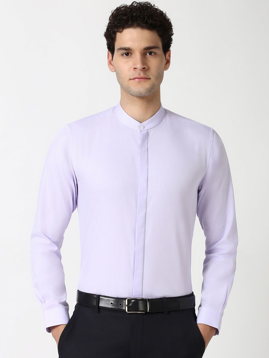 

Peter England Men Band Collar Solid Cotton Slim Fit Formal Shirt, Lavender