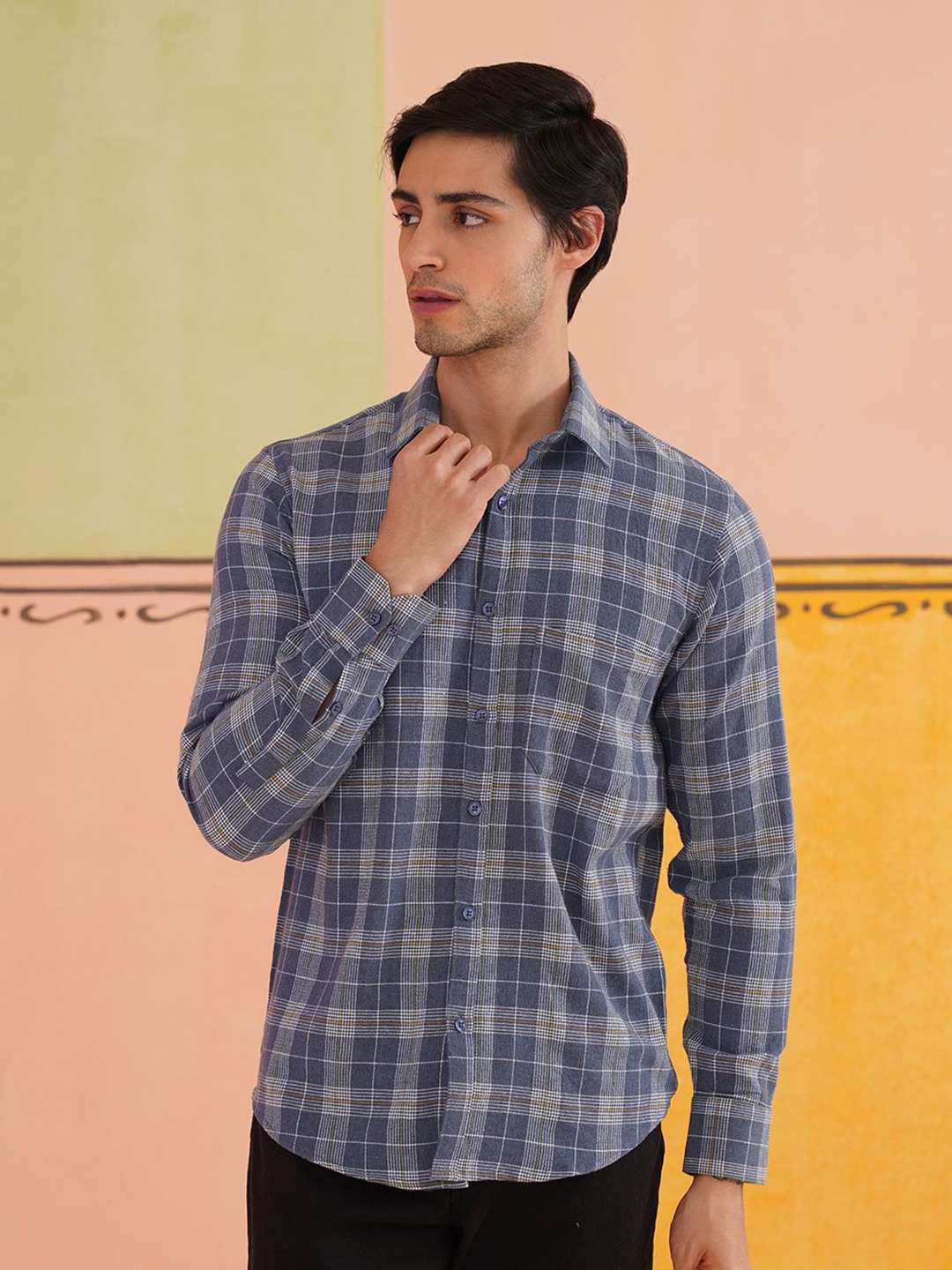 

Indian Needle Men Classic Spread Collar Tartan Checked Cotton Casual Shirt, Blue