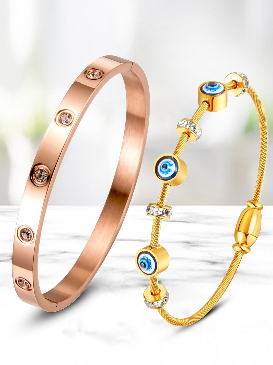 

MEENAZ Set Of 2 Gold-Plated Stainless Steel American Diamond Antique Kada Bracelet