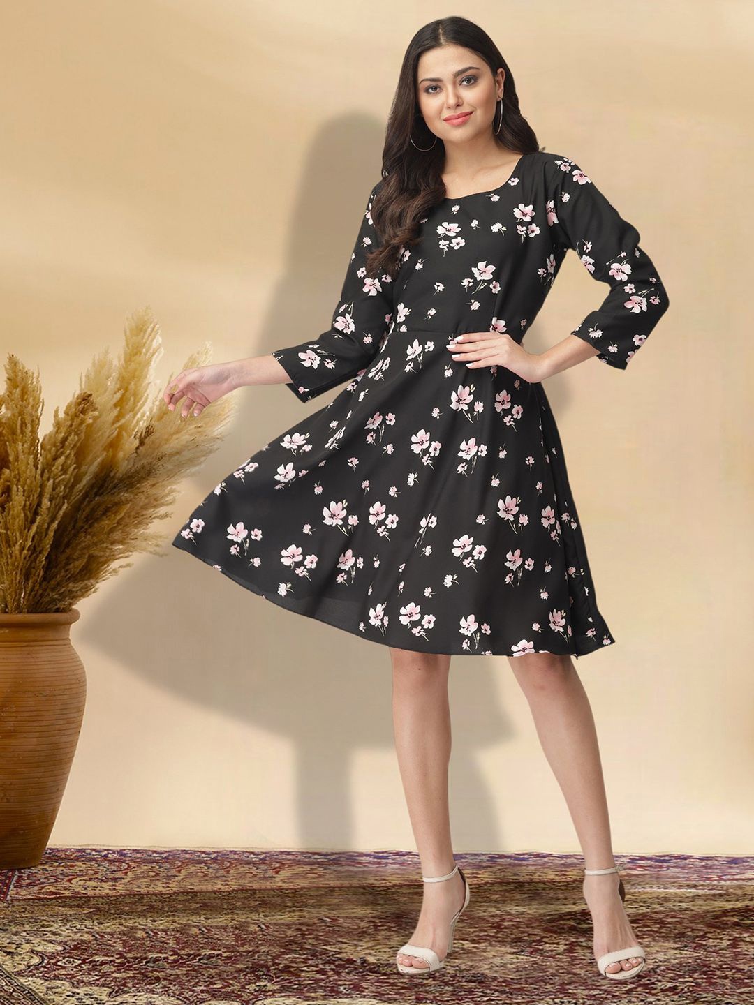 

BAESD Floral Print Applique Fit & Flare Dress, Black