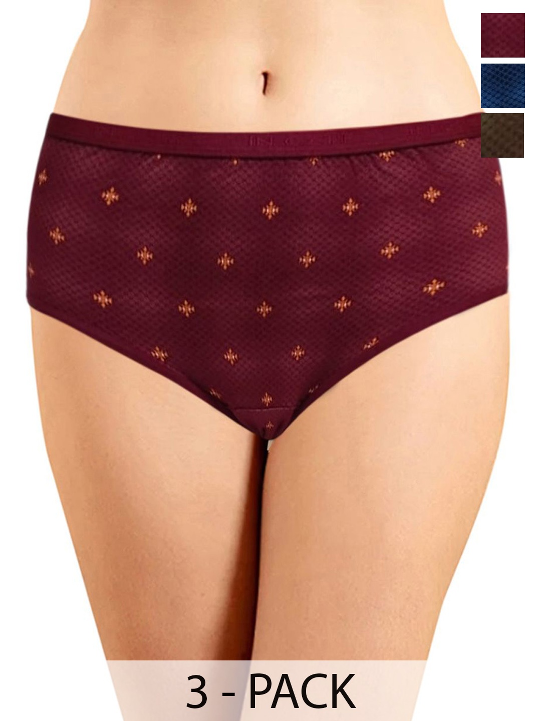 

In Care Women Pack of 3 Cotton Printed Mid-Rise Hipster Briefs ICOE-078_M, Maroon