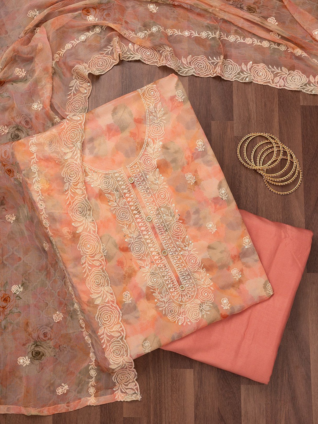 

Koskii Floral Printed Zari Unstitched Dress Material, Peach