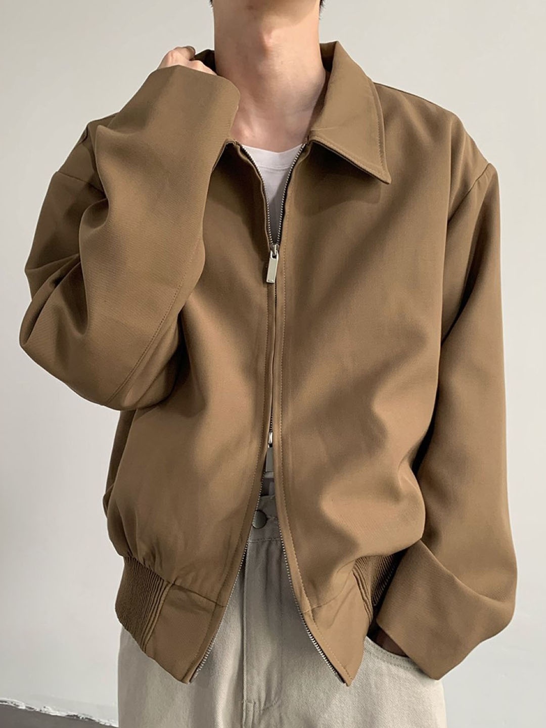

HERE&NOW Men Spread Collar Solid Casual Bomber Jacket, Brown