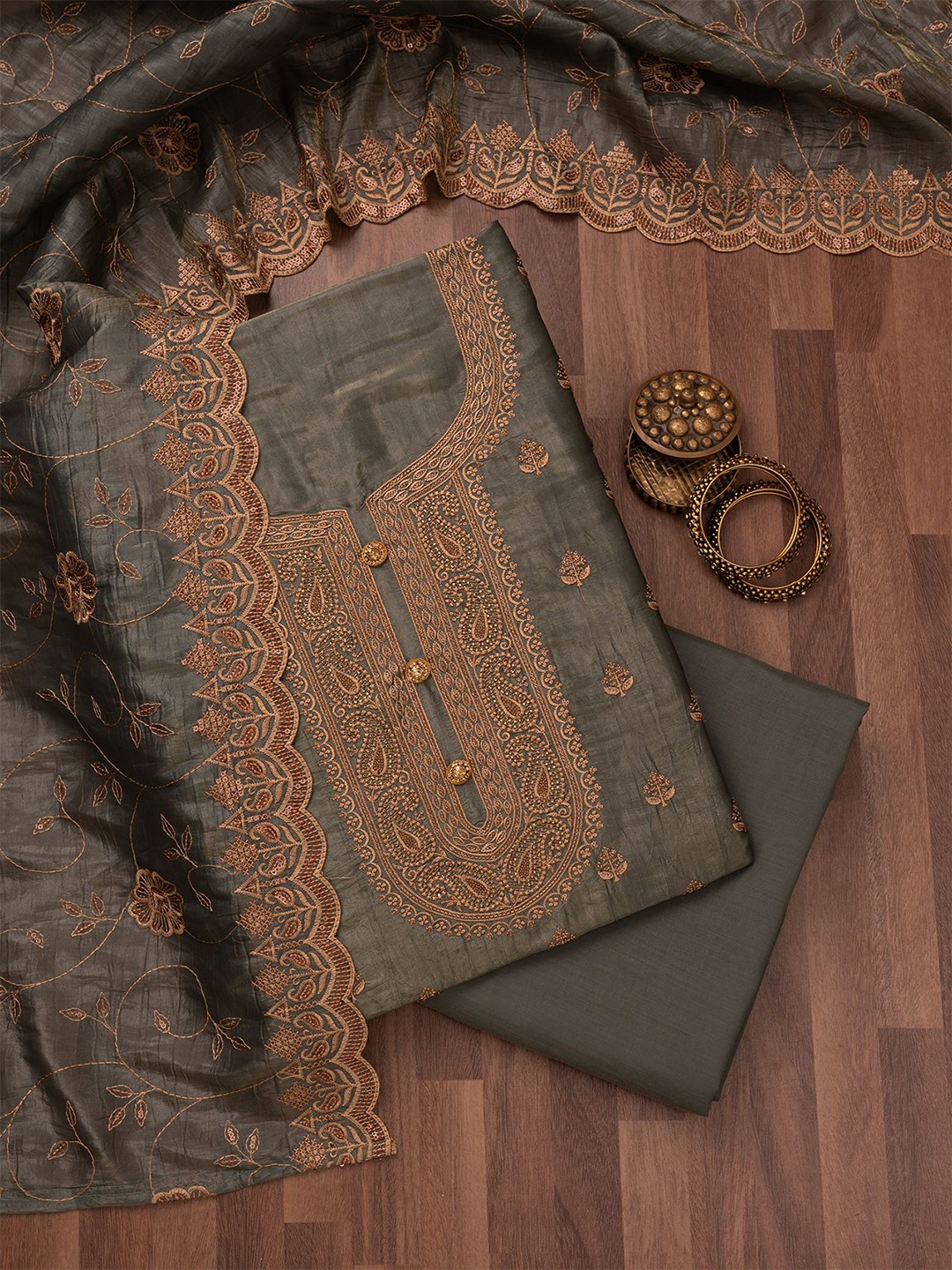 

Koskii Paisley Embroidered Zari Raw Silk Unstitched Dress Material, Green