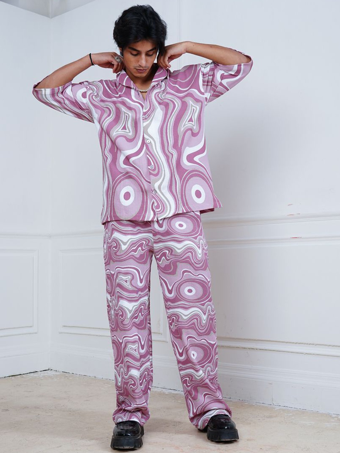 

Big Bunny Abstract Printed Shawl Collar Oversized Fit Shirt With Trousers, Pink