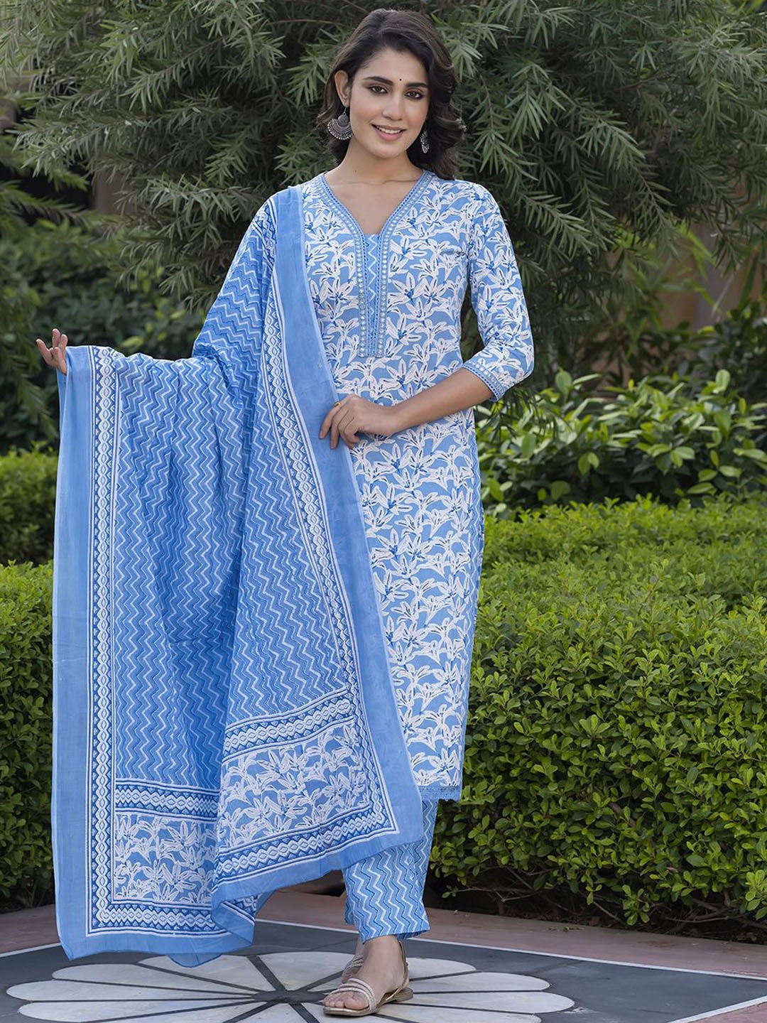 

KALINI Floral Printed Mirror Work Straight Pure Cotton Kurta With Trousers & Dupatta, Blue