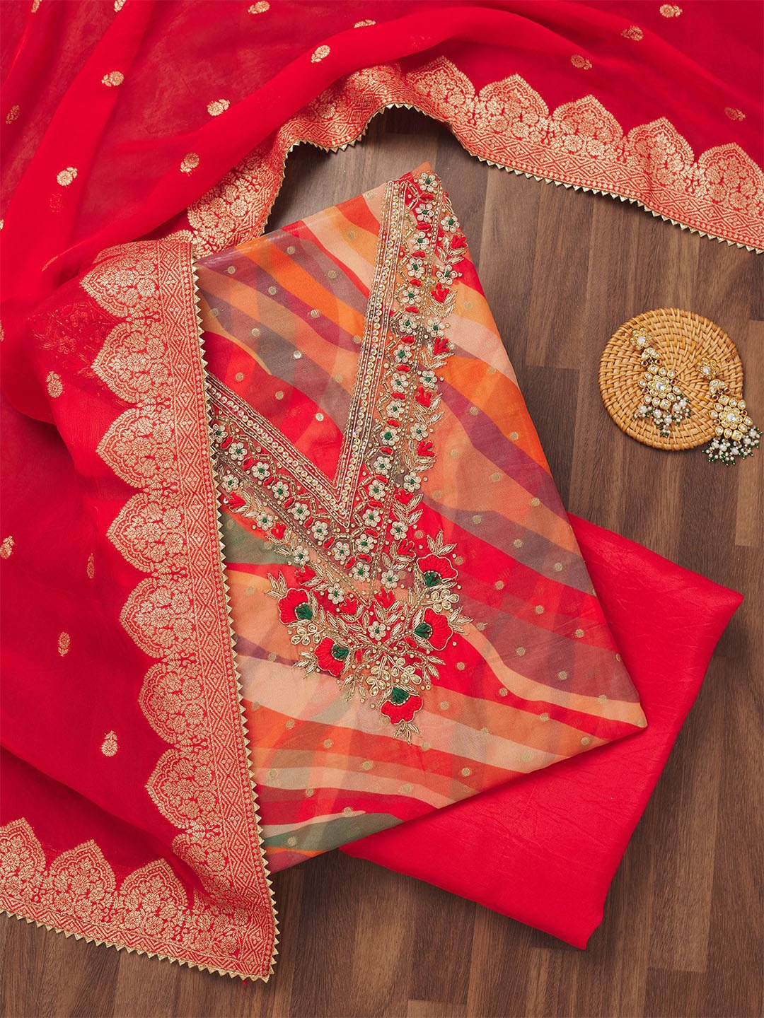 

Koskii Floral Embroidered Beads and Stones Unstitched Dress Material, Red