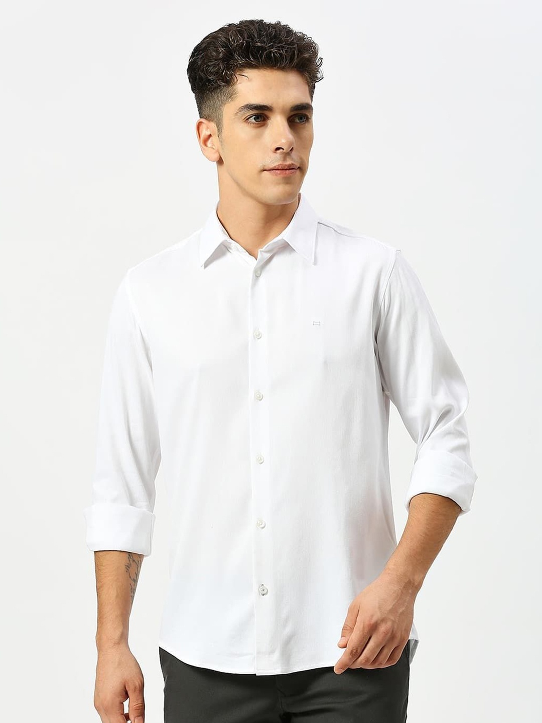 

Basics Men Solid Self Design Spread Collar Opaque Casual Shirt, White