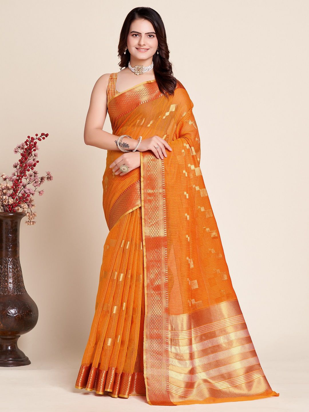 

LEOSAGI Ethnic Motifs Zari Silk Cotton Kota Saree, Orange