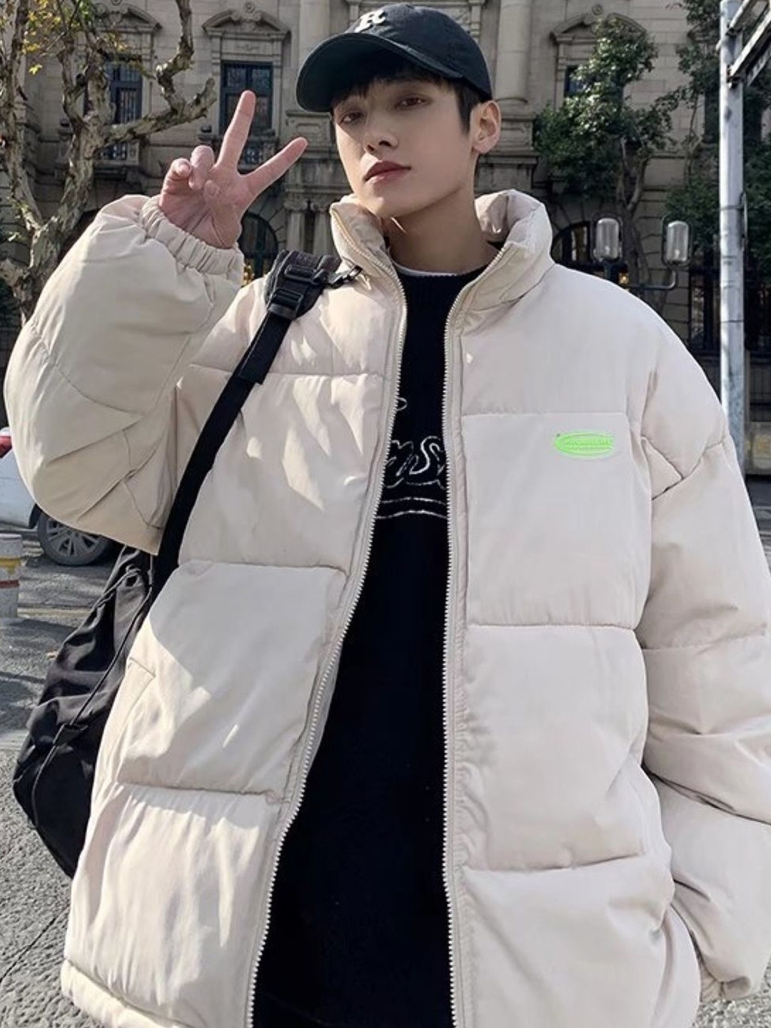 

HERE&NOW Men Mock Collar Solid Casual Puffer Jacket, Cream