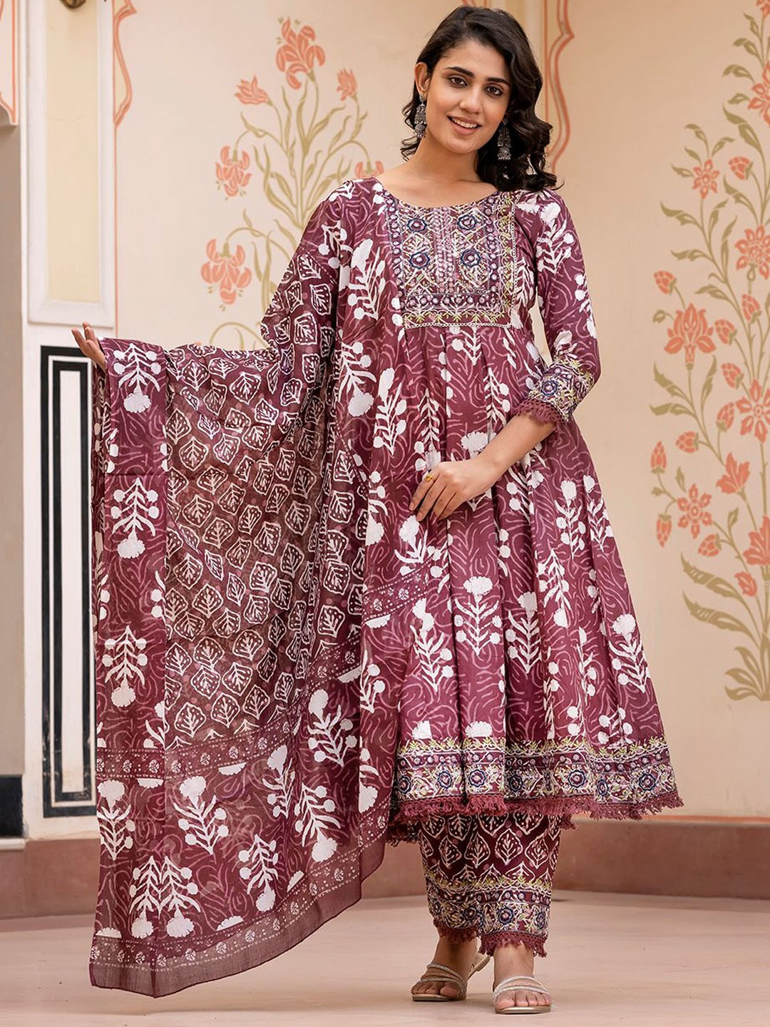 

KALINI Floral Printed Mirror Work Pure Cotton Anarkali Kurta With Trouser & Dupatta, Brown