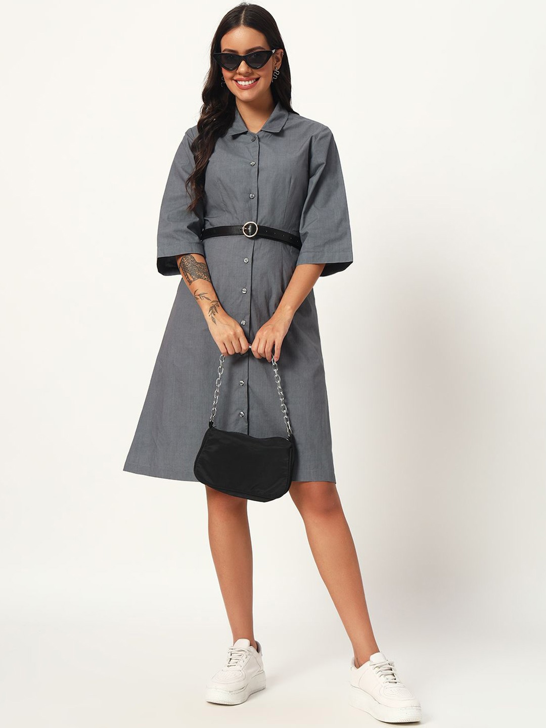 

DESI VOGUE Checked Flared Sleeve Organic Cotton Shirt Dress, Grey