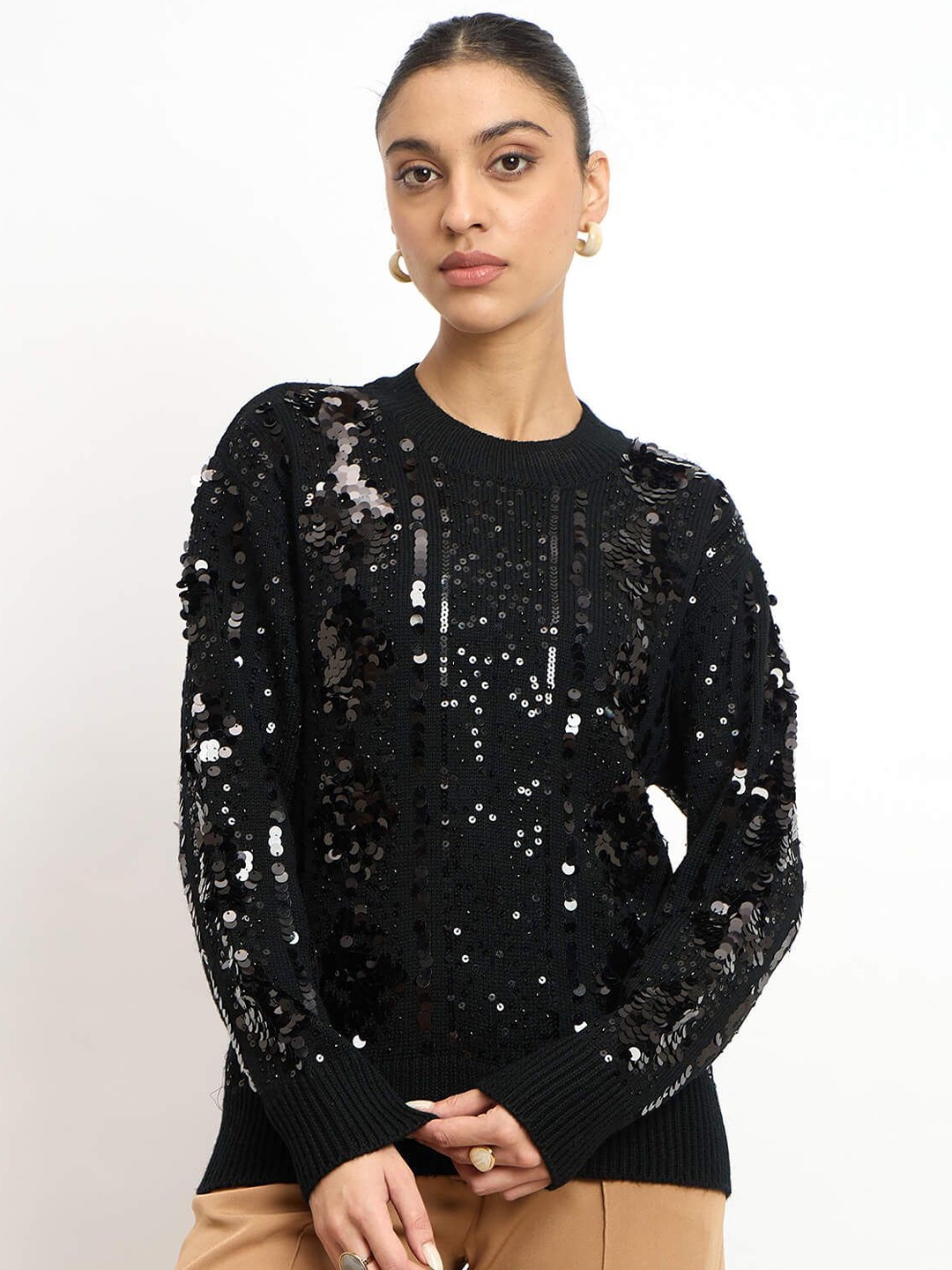 

SALT ATTIRE Women Embellished Woollen Pullover Sweaters, Black