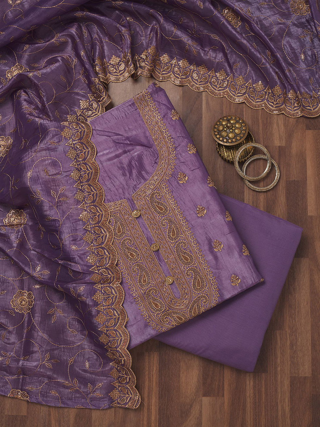 

Koskii Paisley Embroidered Sequinned Raw Silk Unstitched Dress Material, Purple
