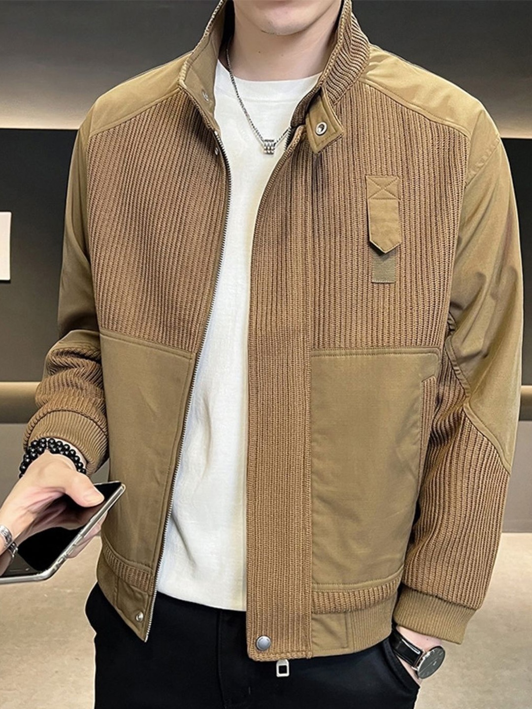 

HERE&NOW Men Mandarin Collar Self Design Casual Bomber Jacket, Brown