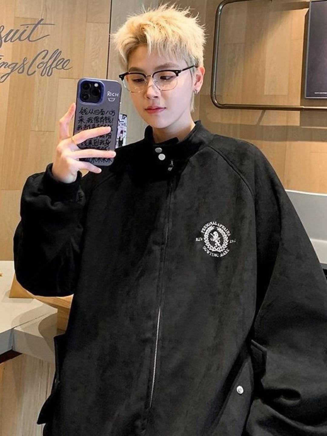 

HERE&NOW Men Mandarin Collar Graphic Embroidered Casual Bomber Jacket, Black