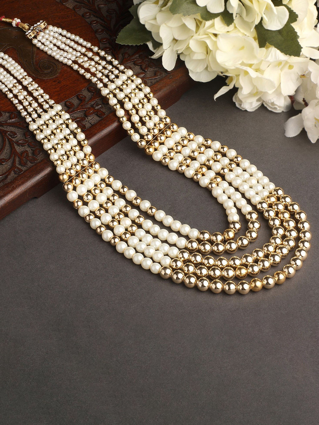 

Stefan Men Gold-Plated Layered Pearls Beaded Dulha Haar Statement Necklace, Brown