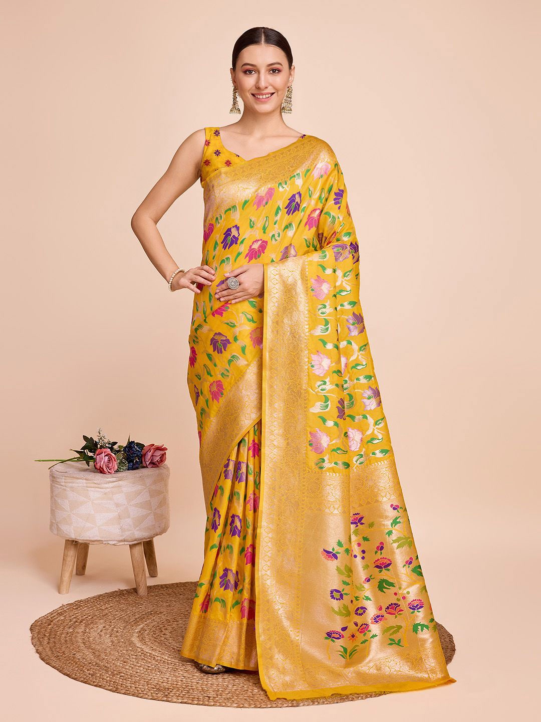 

SHOBHA SAREES Ethnic Motifs Zari Pure Silk Paithani Saree, Yellow