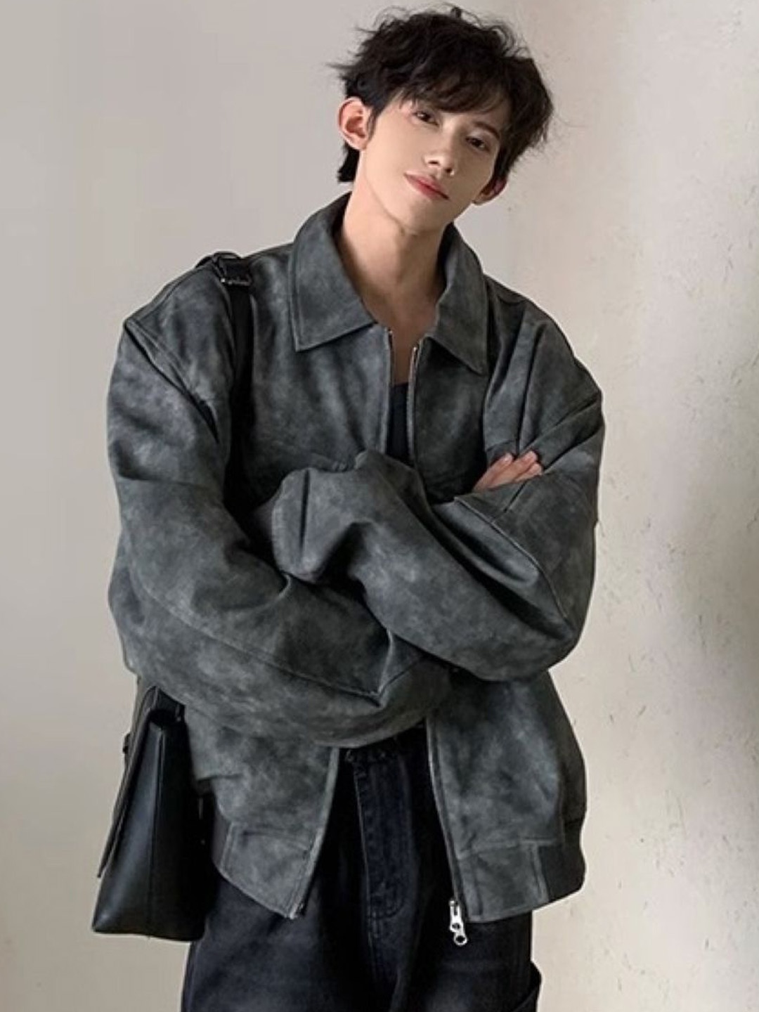 

HERE&NOW Men Spread Collar Washed Self Design Casual Bomber Jacket, Grey