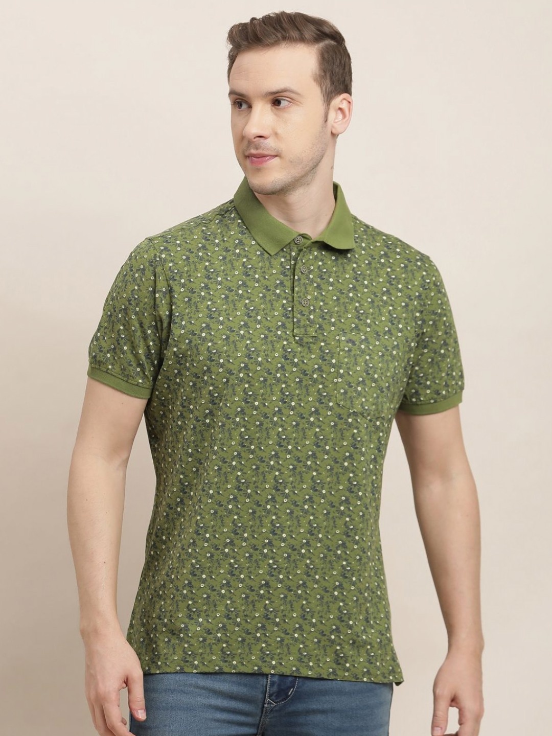 

Turtle Men Floral Printed Polo Collar Cotton Slim Fit T-shirt, Olive