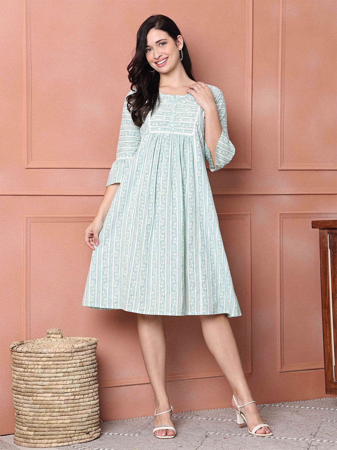

Rajnandini Striped Bell Sleeve A-Line Dress, Sea green