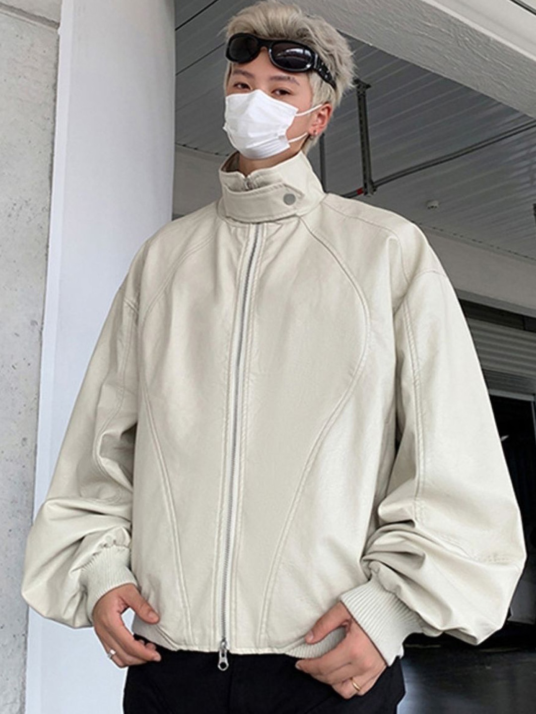 

HERE&NOW Men Mandarin Collar Solid Leather Casual Leather Jacket, Khaki