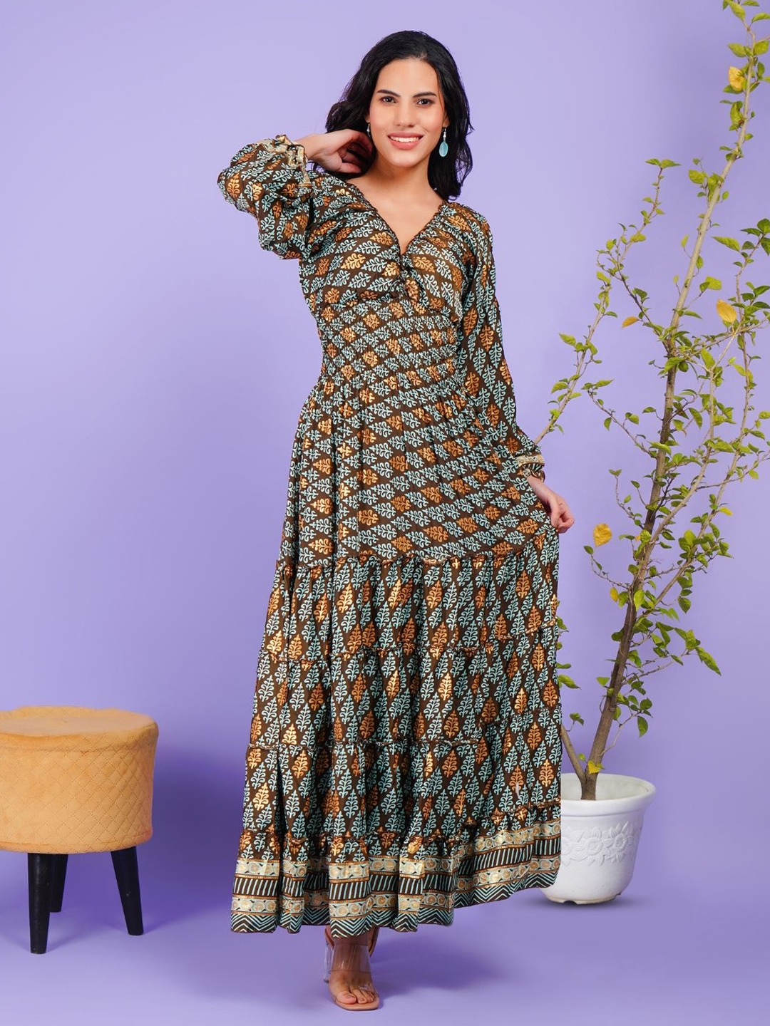 

Boholyfe Women Bohemian Printed Empire Maxi Dress, Brown