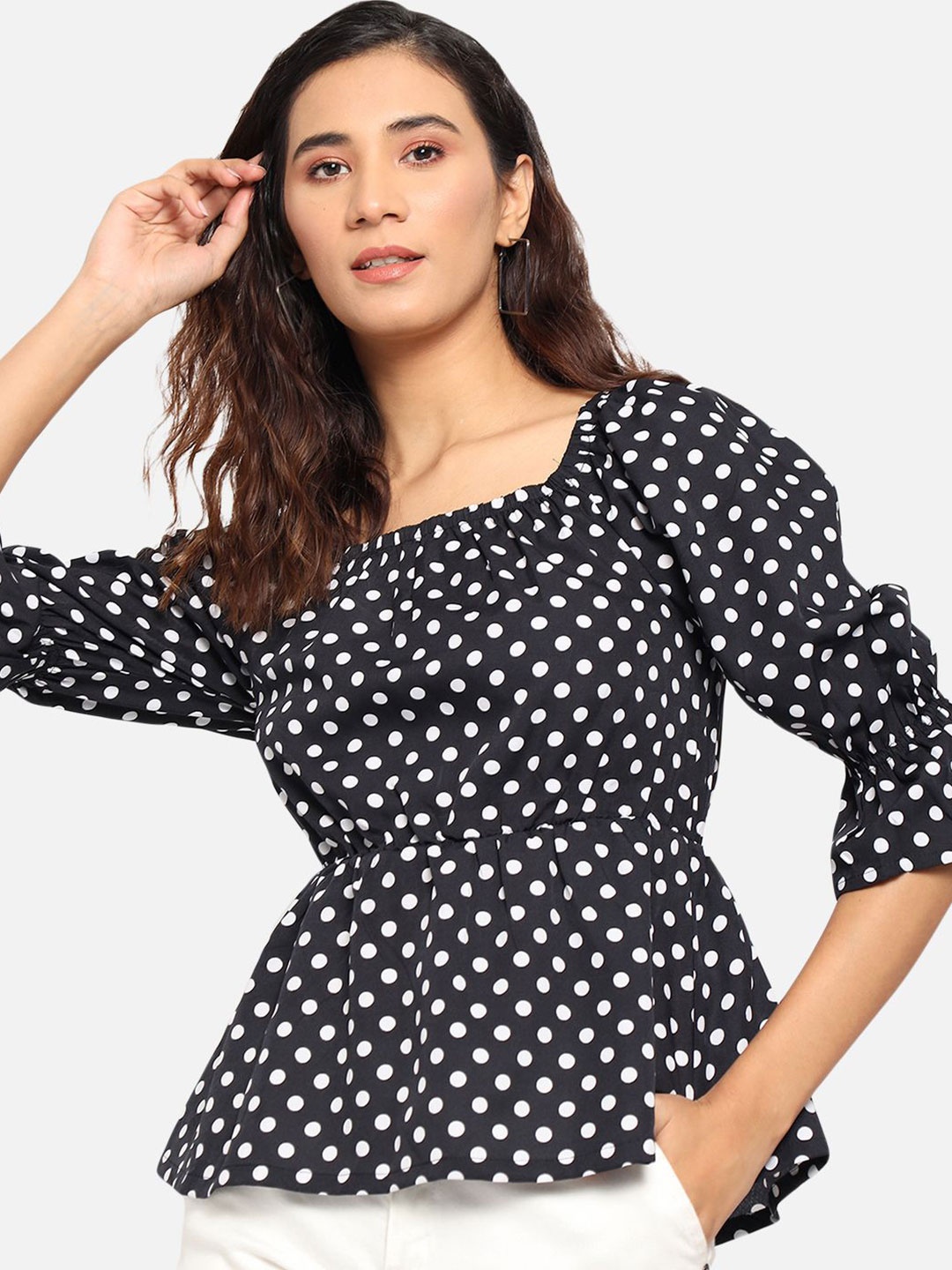 

BAESD Polka Dot Print Bell Sleeve Crepe Peplum Top, Black