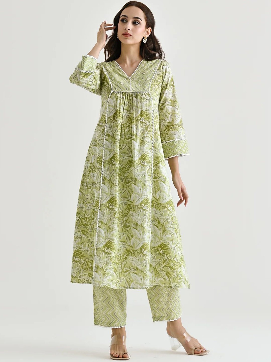 

LeeliPeeri Designer Floral Printed V-Neck Regular Beads Work Kurta With Trouser, Yellow