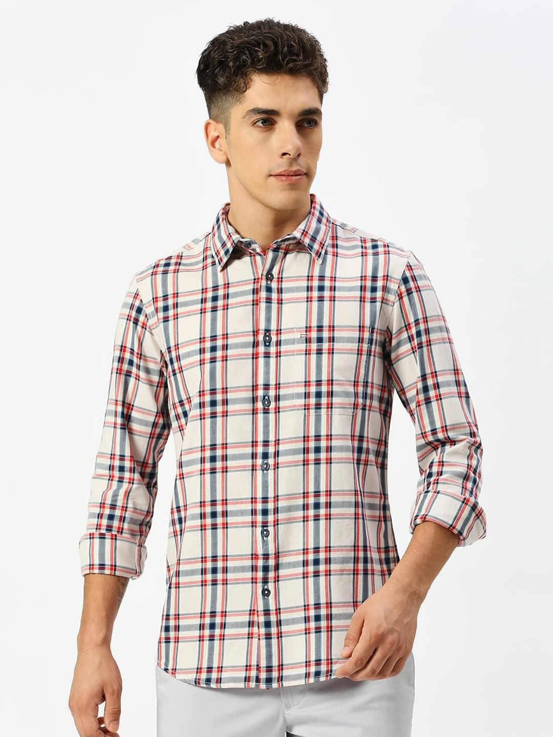 

Basics Men Opaque Tartan Checked Cotton Casual Shirt, Off white