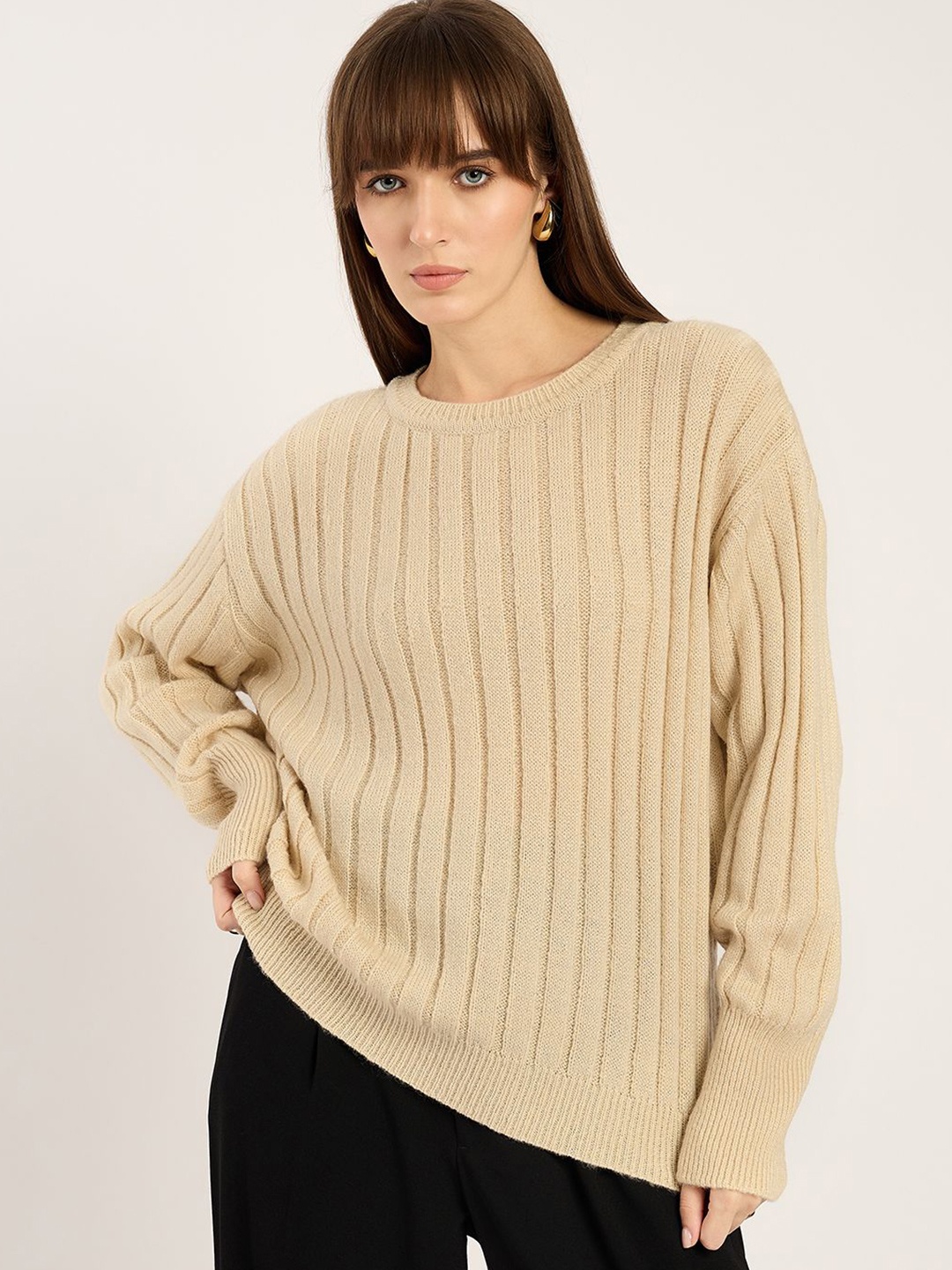 

FEMMELLA Women Striped Pullover, Beige