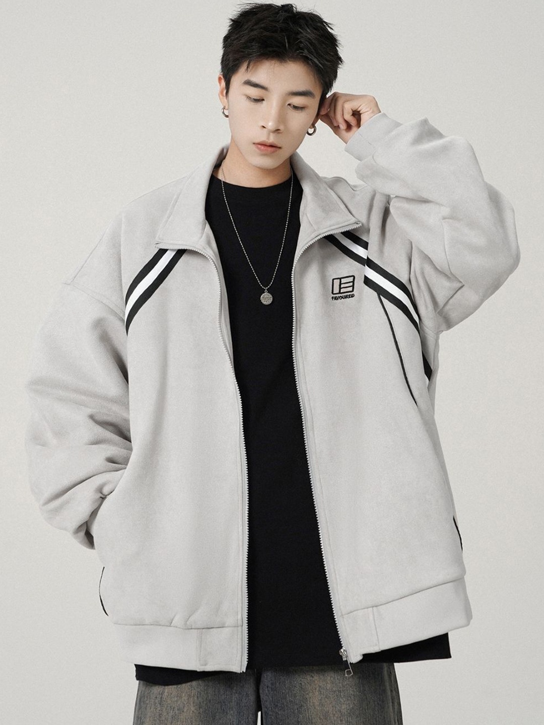 

HERE&NOW Men Spread Collar Striped Casual Bomber Jacket, Grey