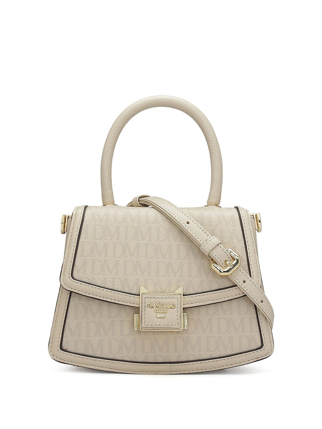 

Da Milano Women Brand Logo Printed Leather Satchel Bag, Beige