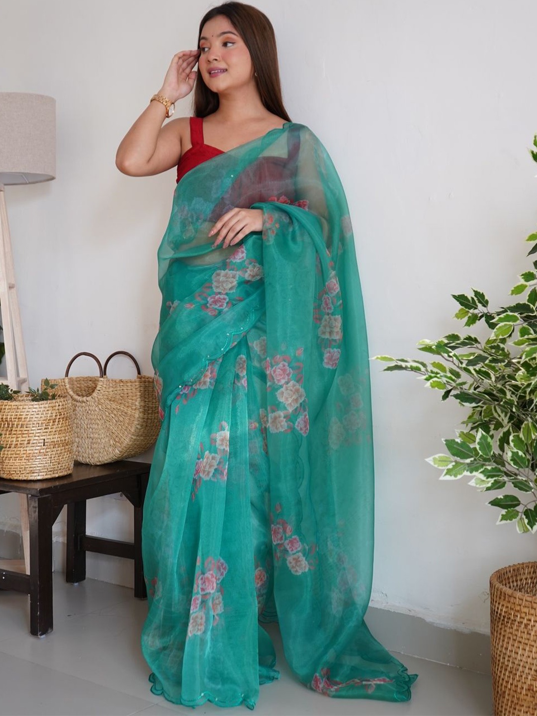 

Anouk Floral Printed Organza Saree, Teal