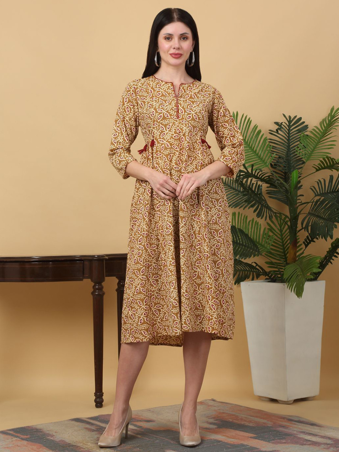 

KALINI Floral Printed A-Line Midi Dress, Mustard