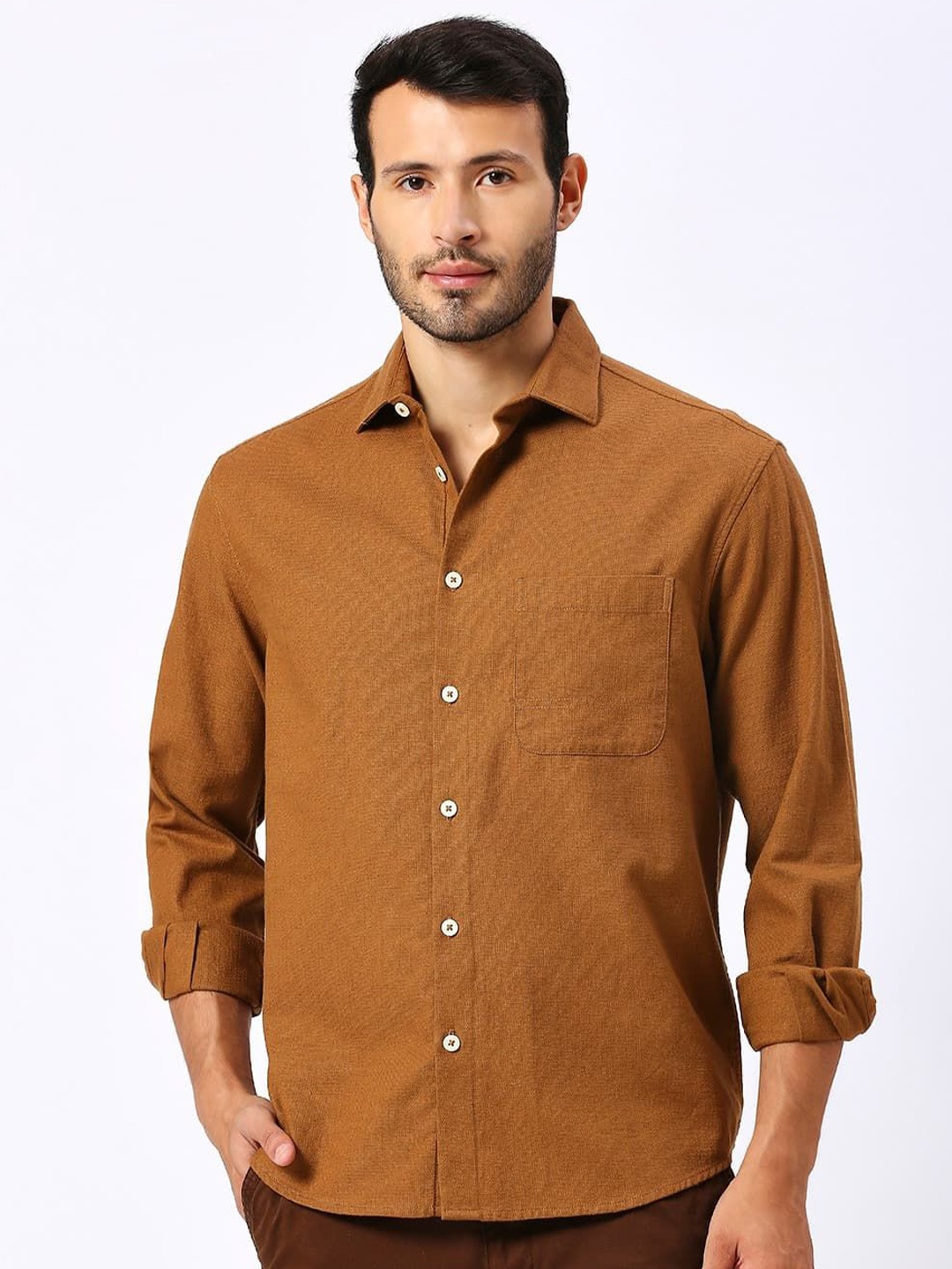 

Basics Men Solid Cotton Spread Collar Pure Cotton Casual Shirt, Camel brown