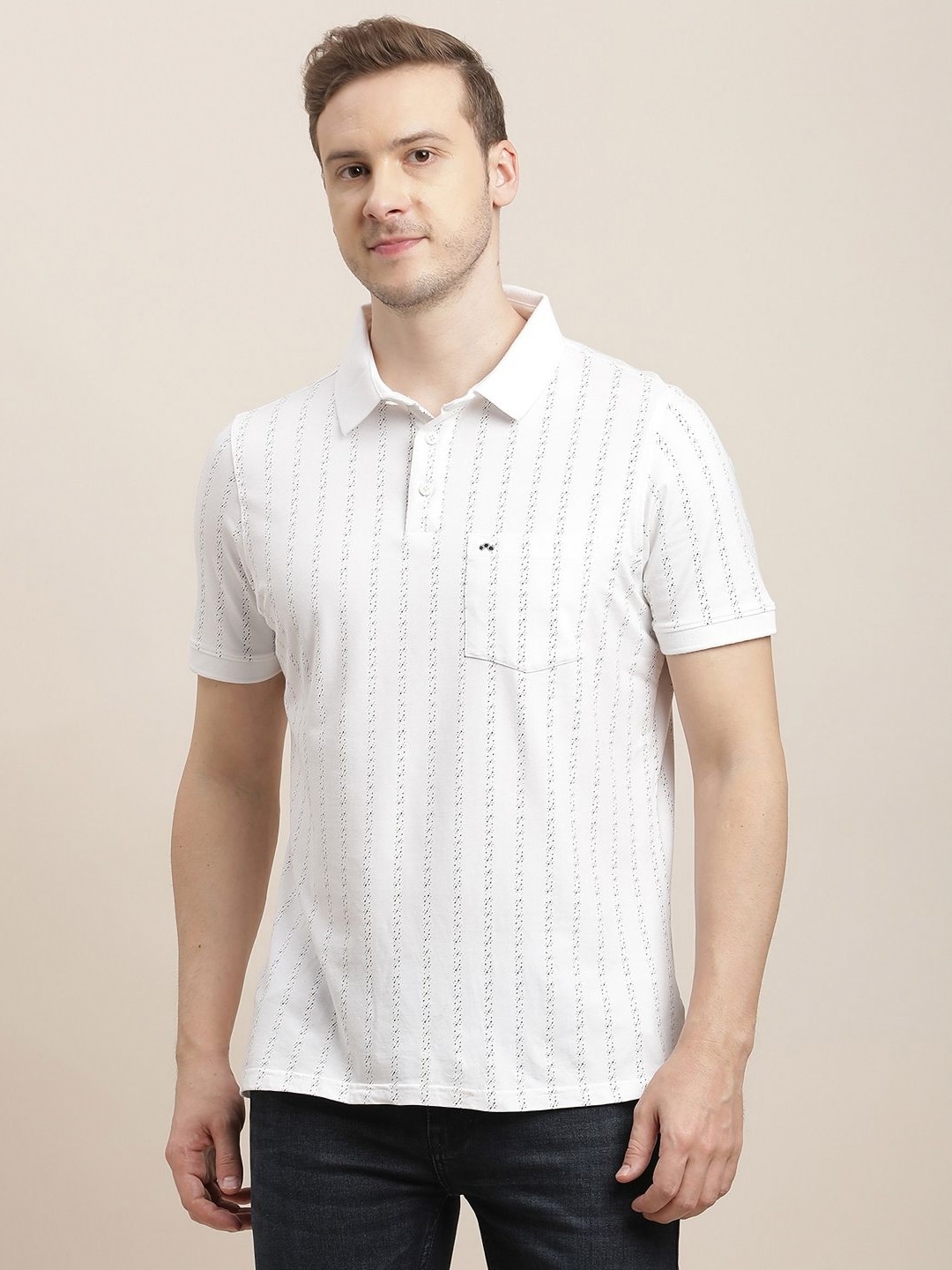 

Turtle Men Striped Polo Collar Cotton Slim Fit T-shirt, White