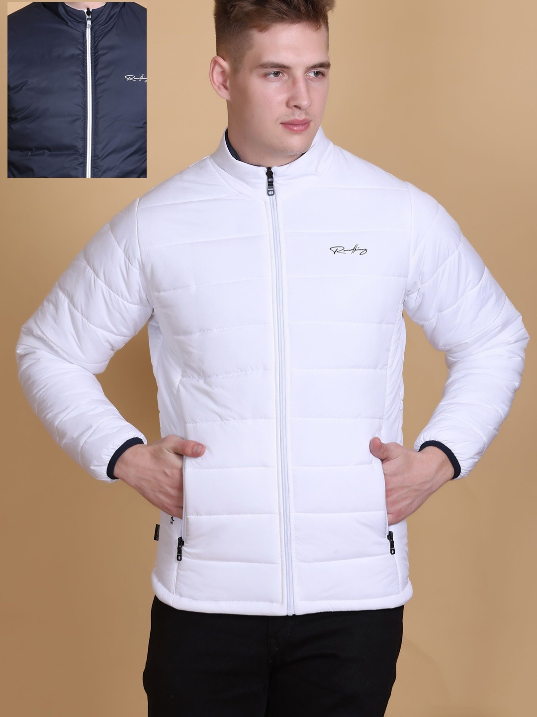 

Roadking Men Mock Collar Solid Casual Padded Jacket, White