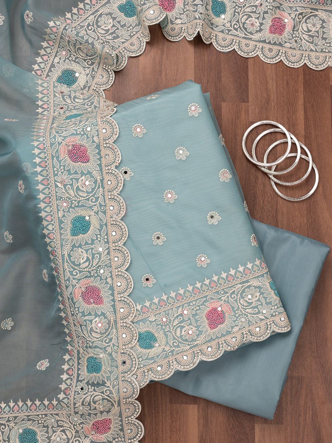 

Koskii Embroidered Crepe Unstitched Dress Material, Blue