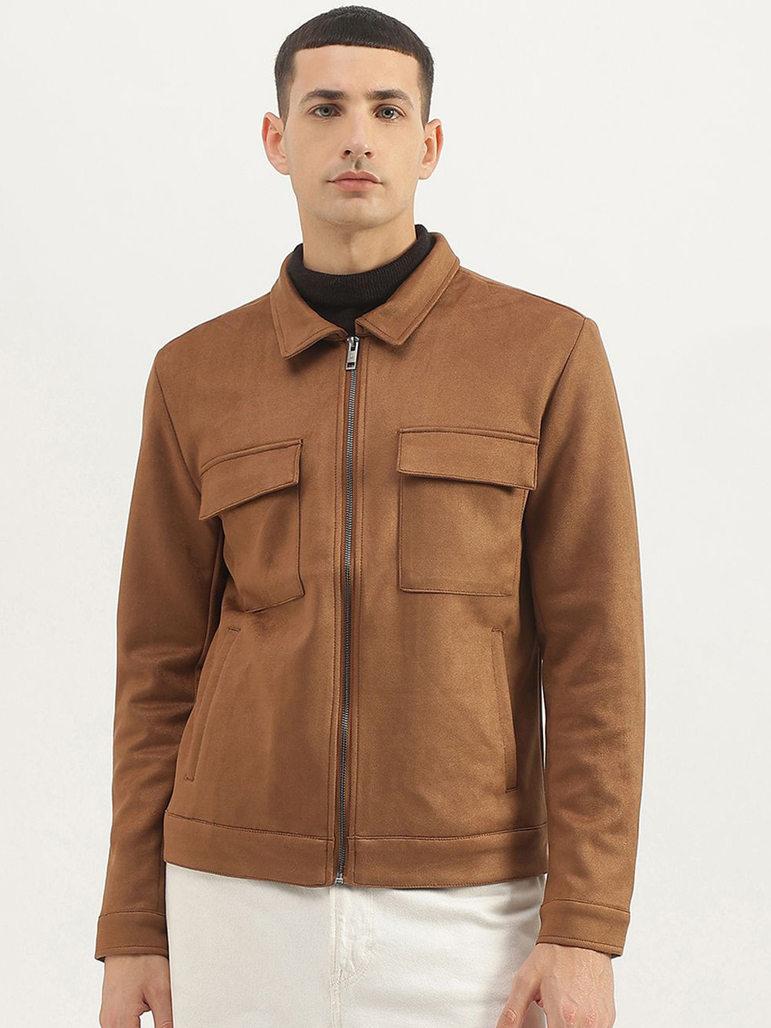 

United Colors of Benetton Men Spread Collar Solid Casual Tailored Jacket, Brown