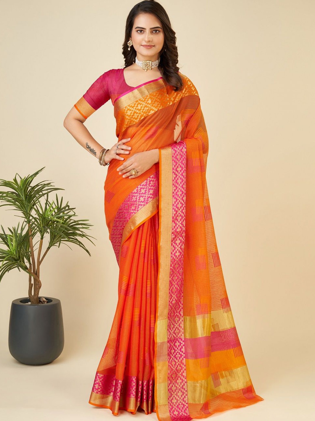 

SHOBHA SAREES Woven Design Zari Silk Cotton Kota Saree, Orange