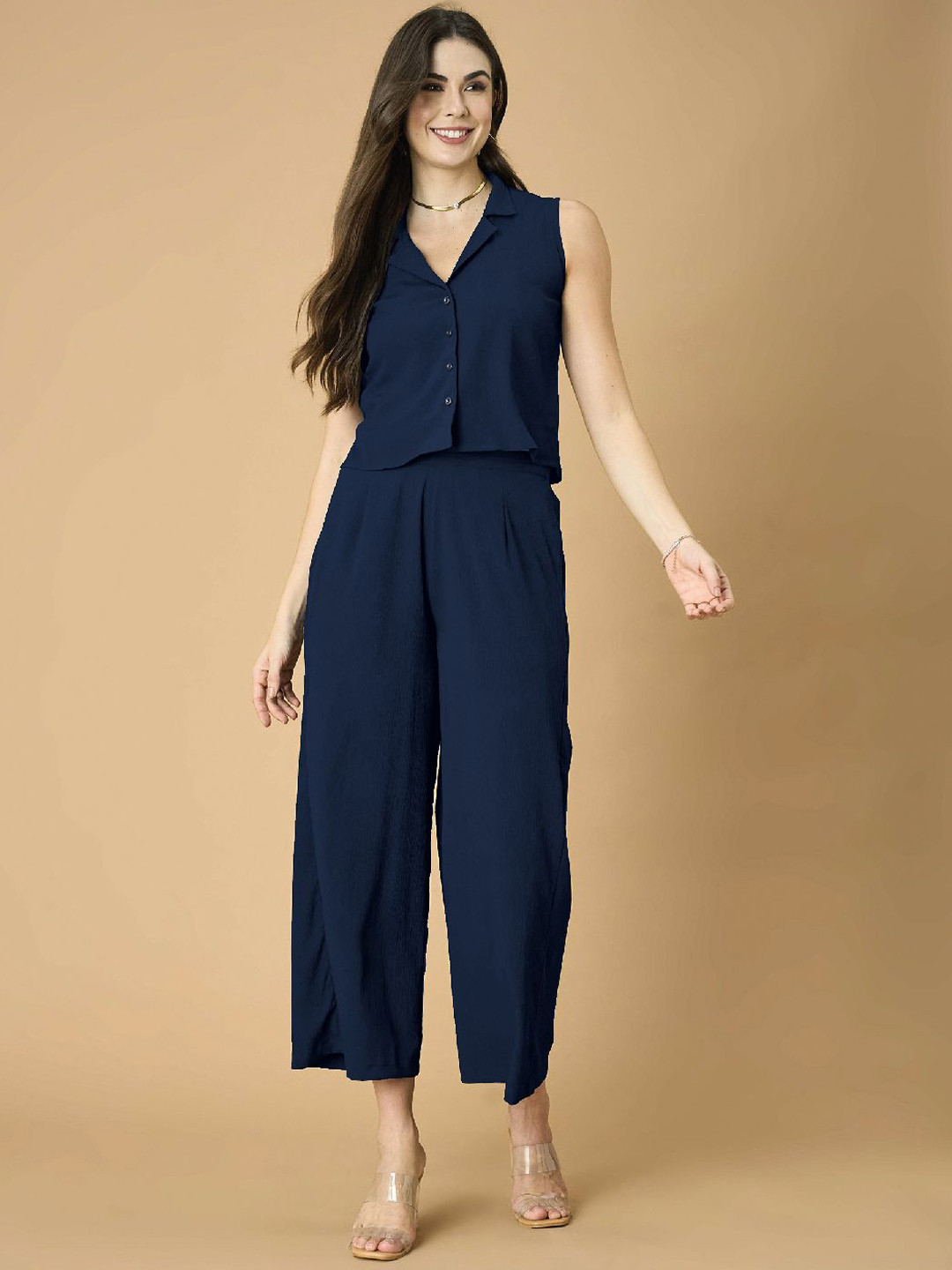 

all about you Navy Blue Lapel Collar Crop Shirt With Trousers