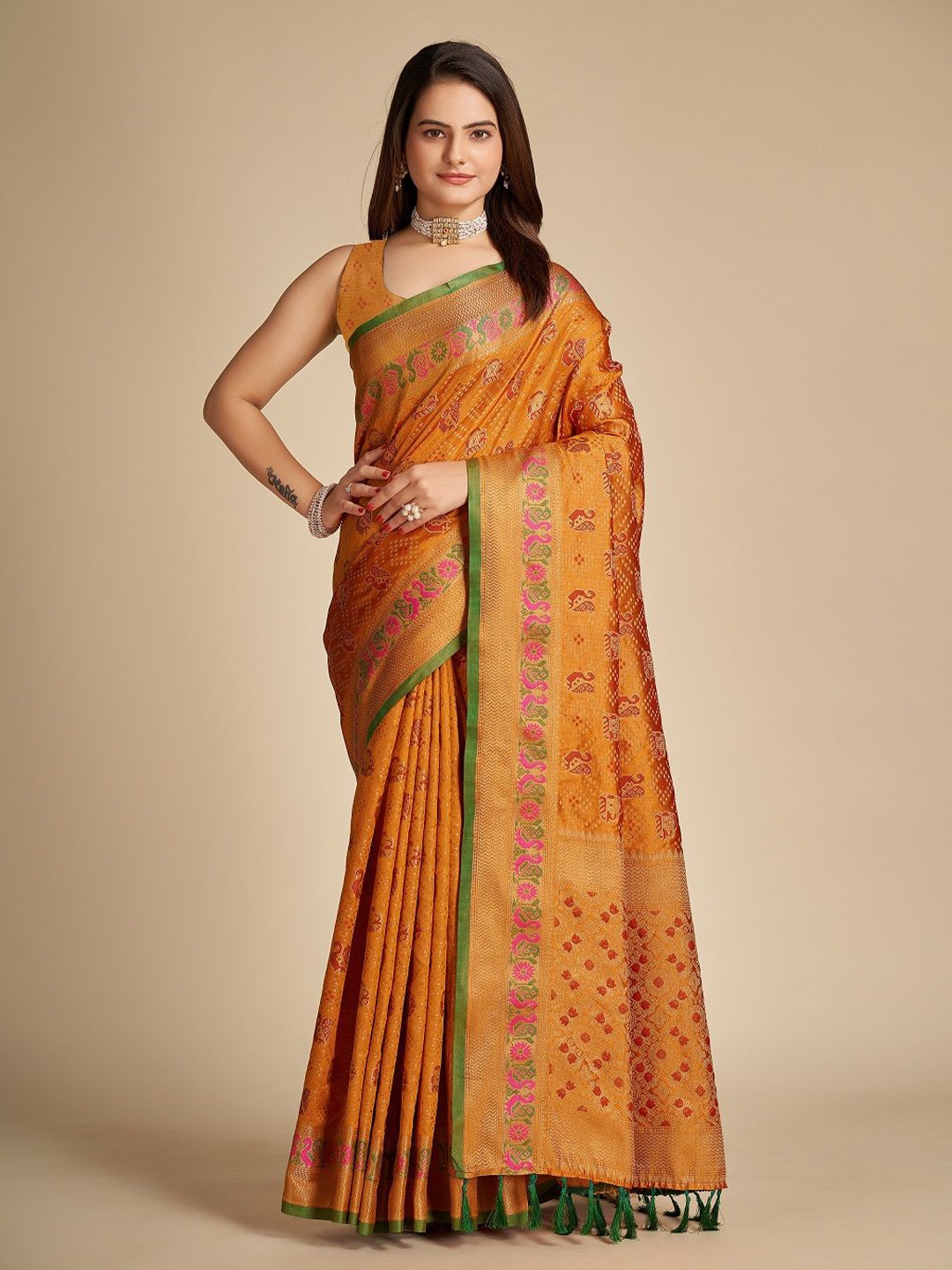 

LEOSAGI Woven Design Zari Pure Silk Patola Saree, Orange