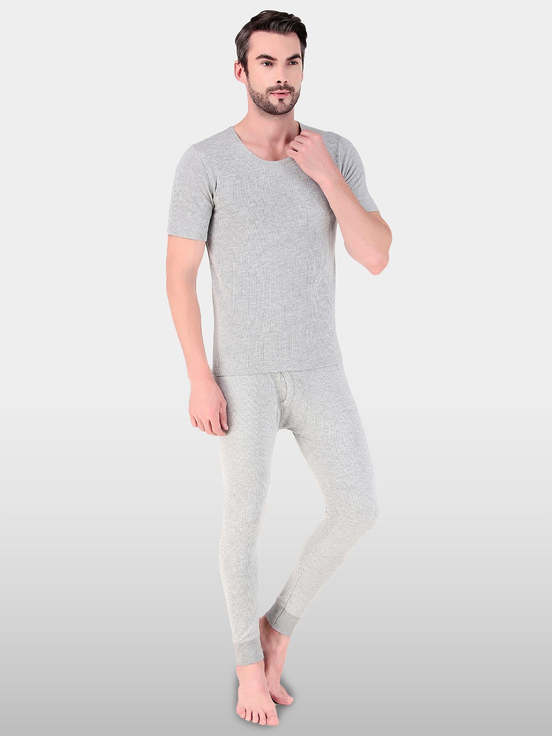 

FREECULTR Striped Cotton Round Neck Skinny Fit Thermal Set, Grey