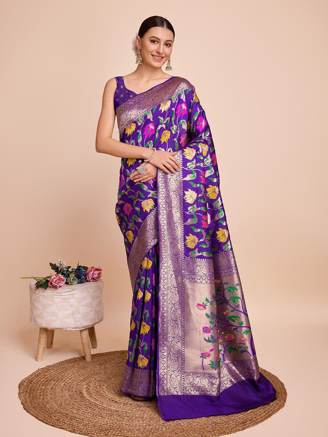 

SHOBHA SAREES Woven Design Zari Pure Silk Paithani Saree, Violet