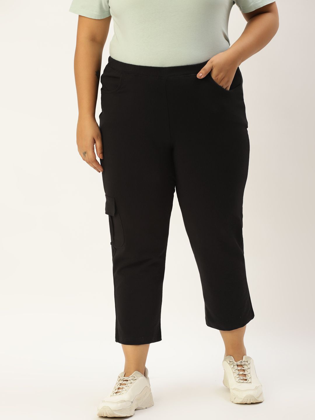 

theRebelinme Women Plus Size Cotton Knitted Capris, Black