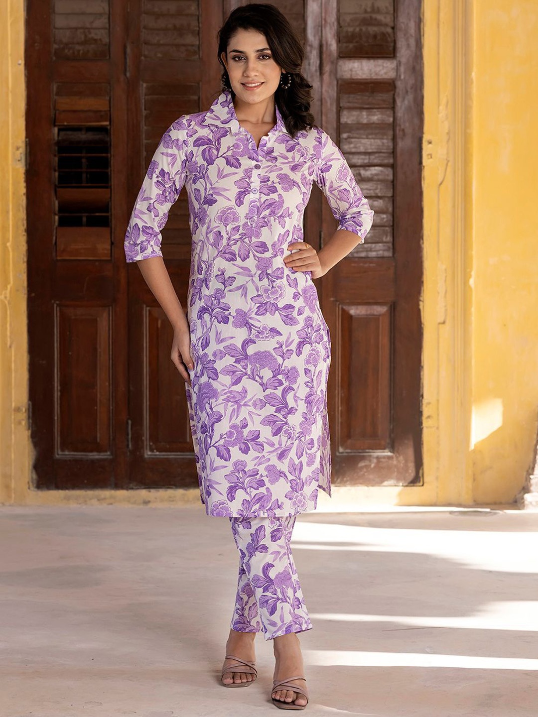 

KALINI Floral Printed Shirt Collar Straight Pure Cotton Kurta With Trousers, Purple