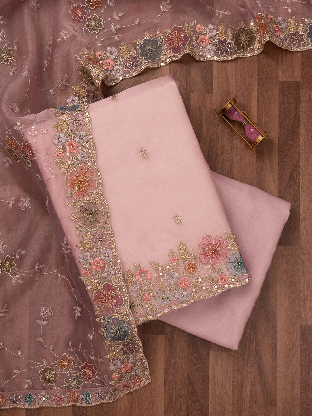 

Koskii Embellished Crepe Unstitched Dress Material, Pink