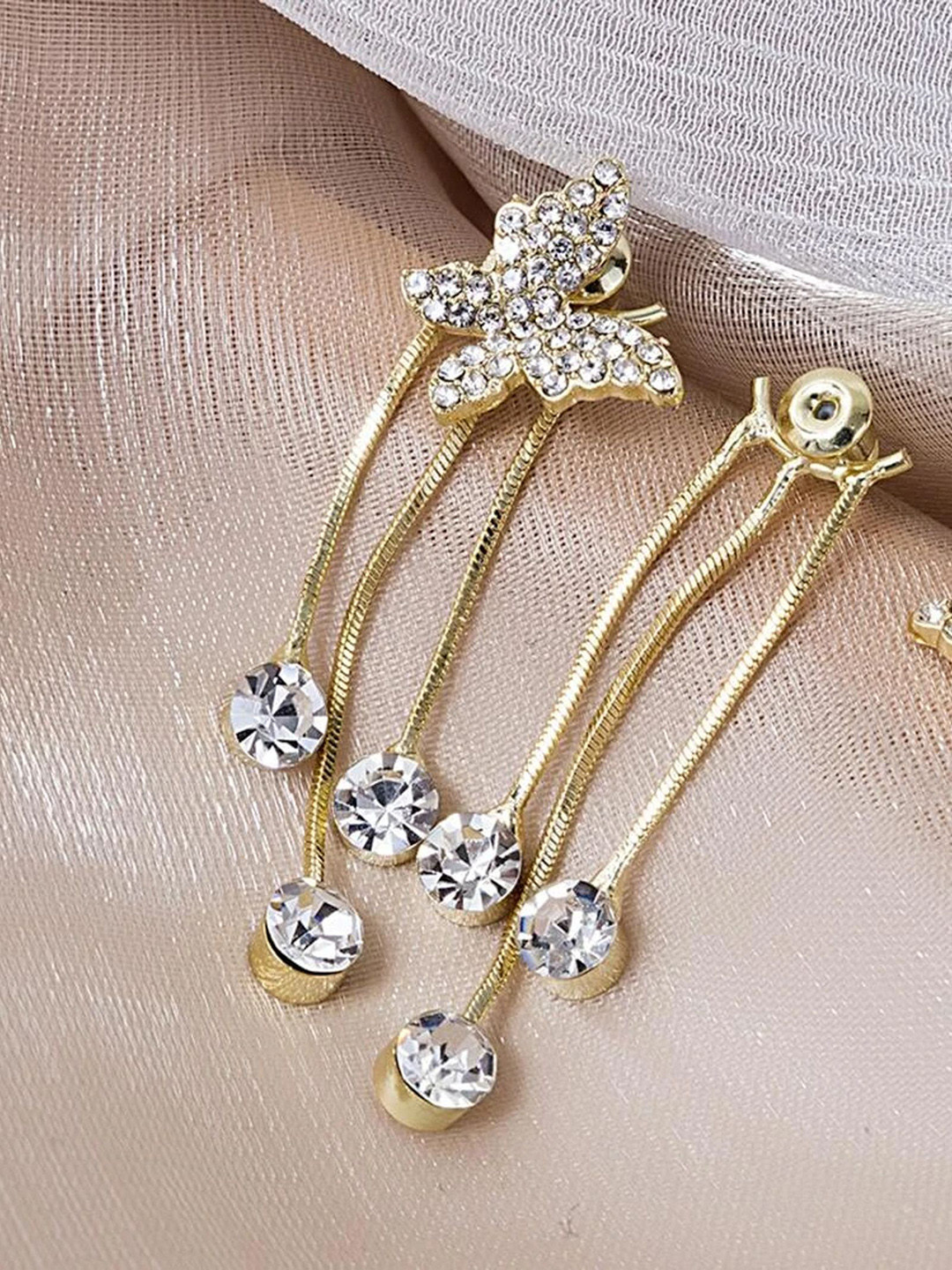 

PolluxCraft Gold-Plated Stone Studded Butterfly Shaped Tasselled Drop Earrings