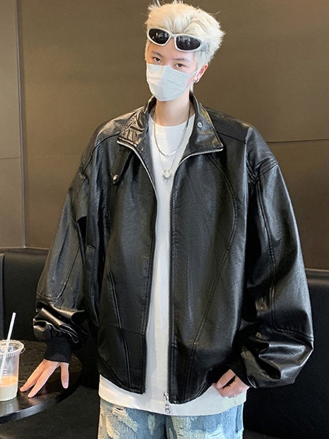 

HERE&NOW Men Spread Collar Solid Leather Casual Leather Jacket, Black